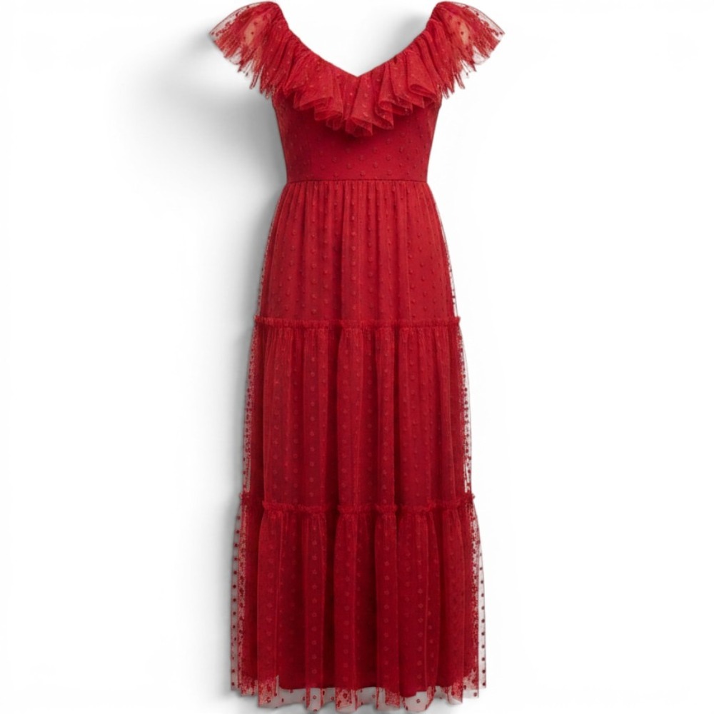 Tuckernuck Maxi Dress Womens S Swiss Dot Red Ruffle Tiered NEW